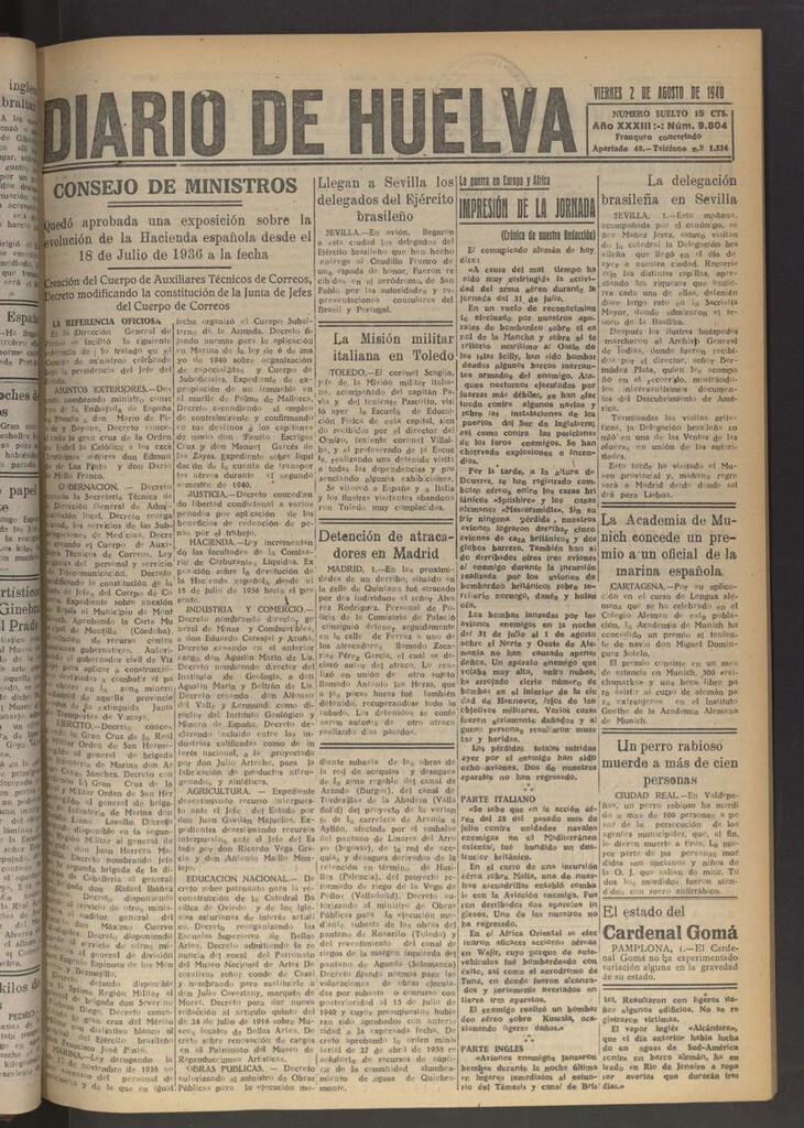 Miniatura de Diario de Huelva : periódico independiente del 2 de agosto de 1940