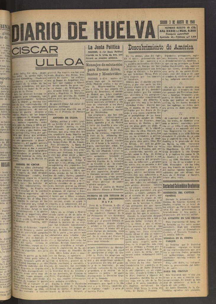 Miniatura de Diario de Huelva : periódico independiente del 3 de agosto de 1940