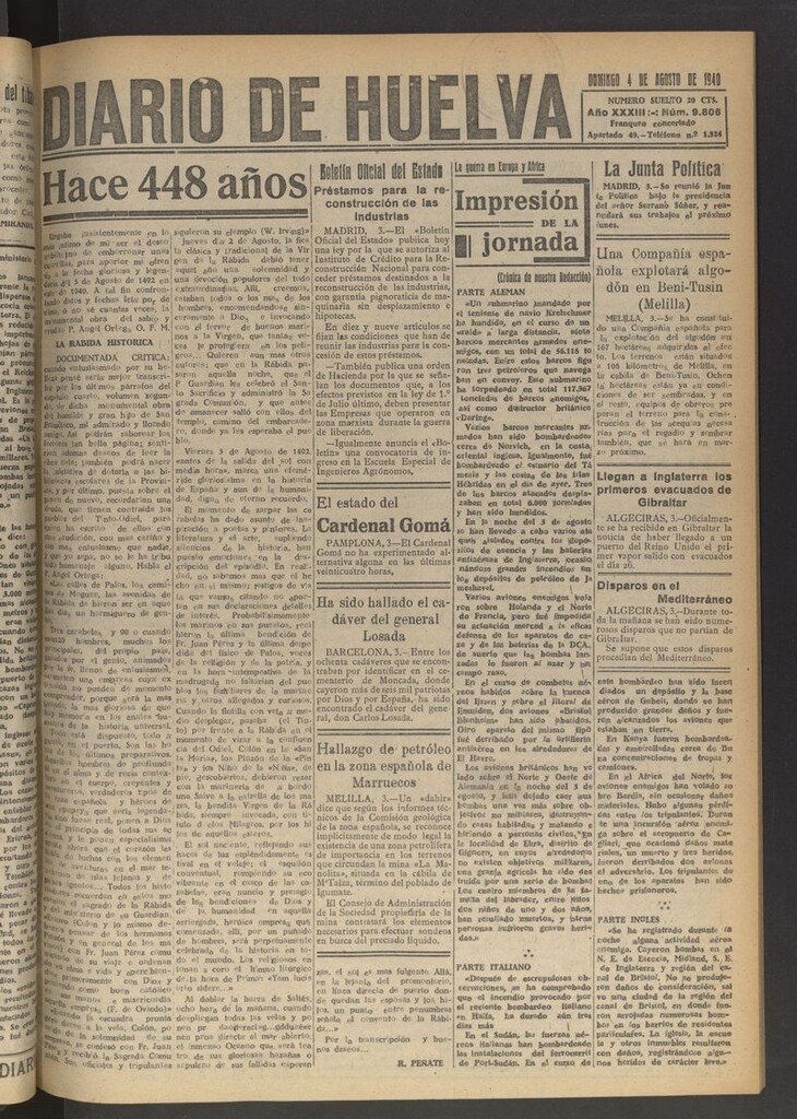 Miniatura de Diario de Huelva : periódico independiente del 4 de agosto de 1940