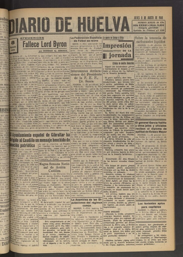 Miniatura de Diario de Huelva : periódico independiente del 8 de agosto de 1940