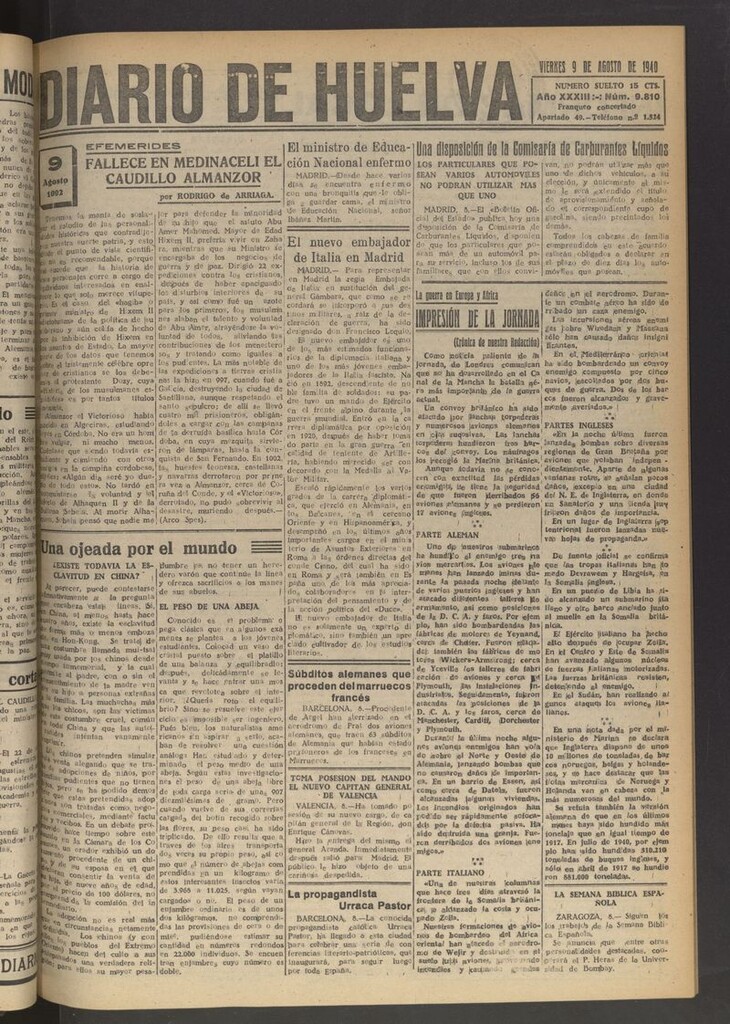Miniatura de Diario de Huelva : periódico independiente del 9 de agosto de 1940