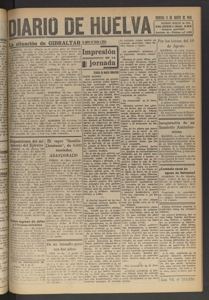 Miniatura de Diario de Huelva : periódico independiente del 11 de agosto de 1940