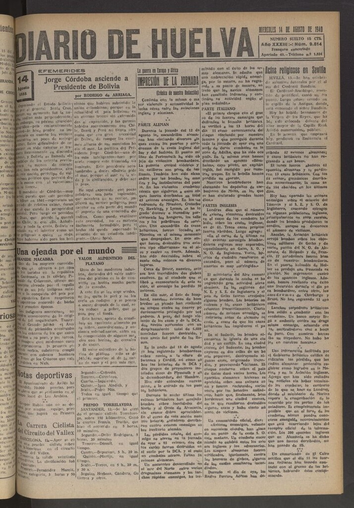Miniatura de Diario de Huelva : periódico independiente del 14 de agosto de 1940