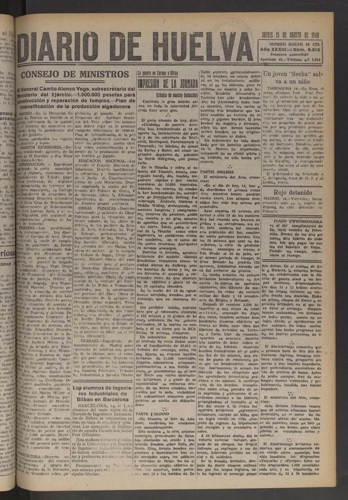 Miniatura de Diario de Huelva : periódico independiente del 15 de agosto de 1940