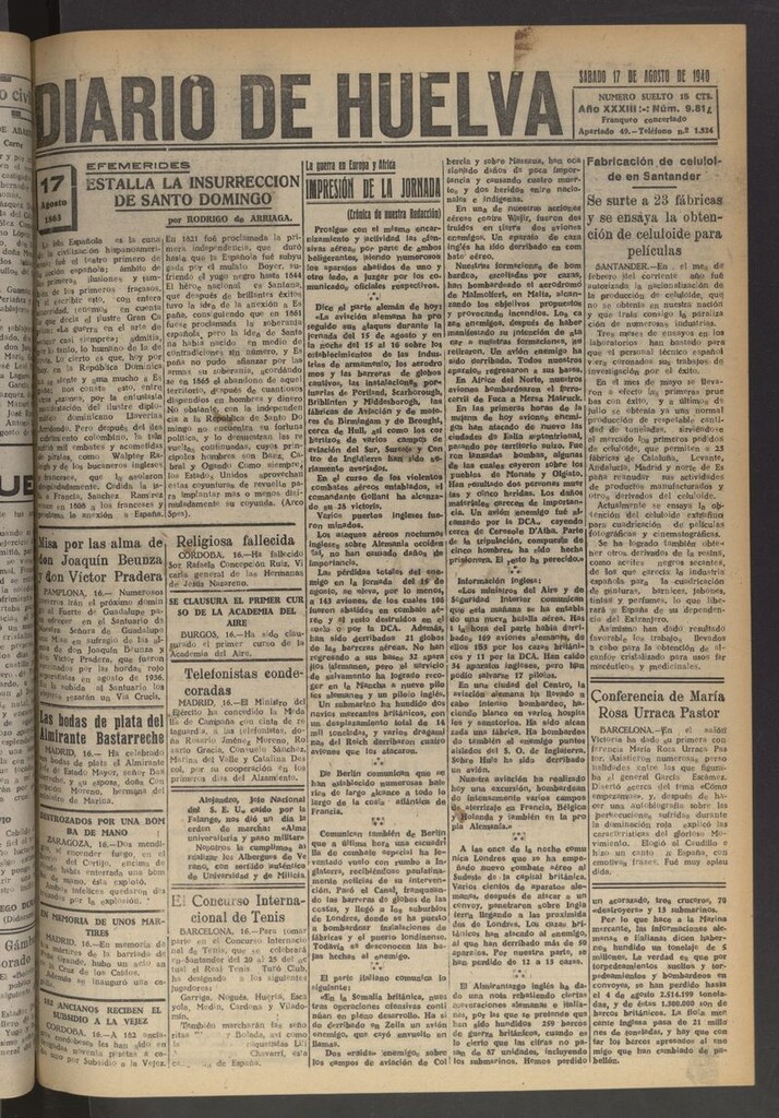 Miniatura de Diario de Huelva : periódico independiente del 17 de agosto de 1940