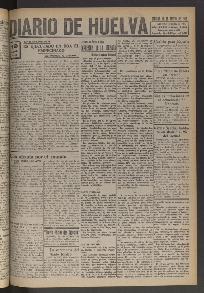 Miniatura de Diario de Huelva : periódico independiente del 18 de agosto de 1940