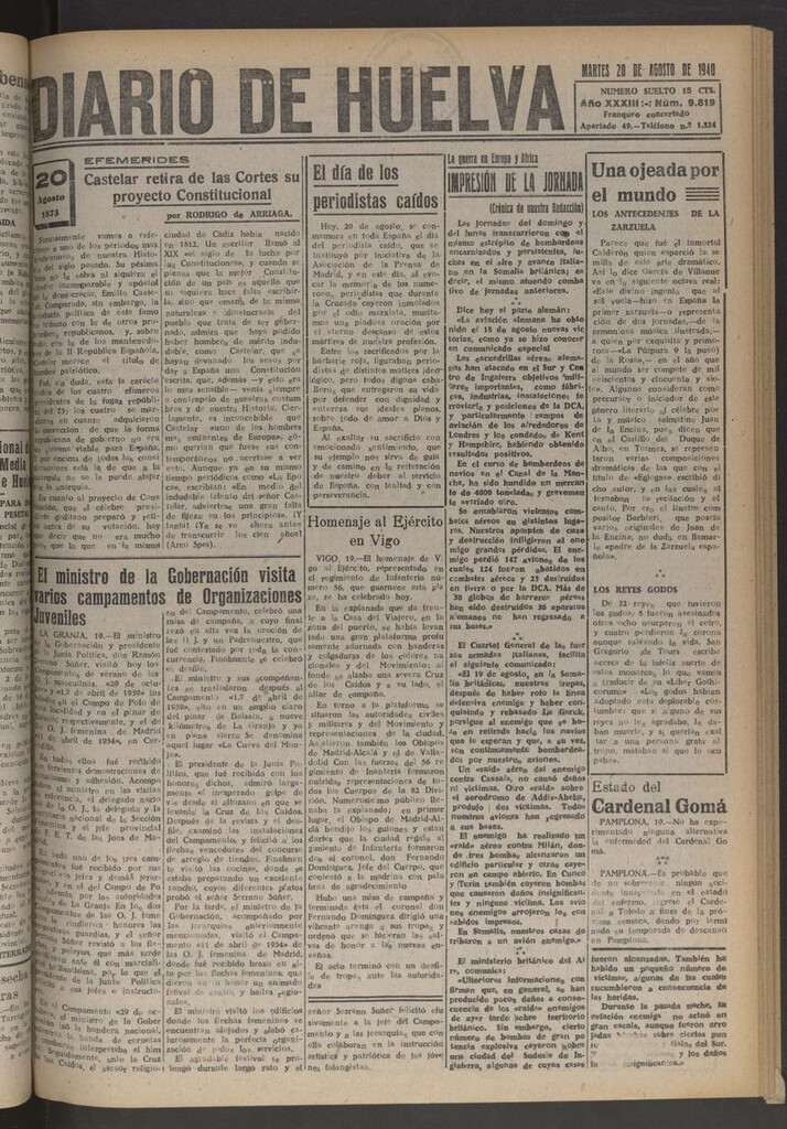 Miniatura de Diario de Huelva : periódico independiente del 20 de agosto de 1940