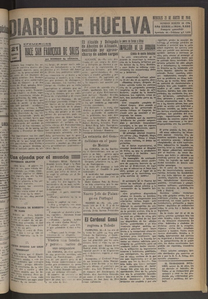 Miniatura de Diario de Huelva : periódico independiente del 21 de agosto de 1940