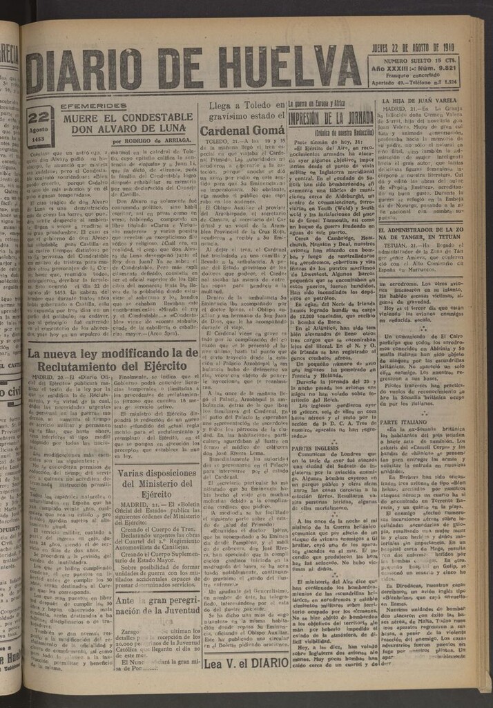 Miniatura de Diario de Huelva : periódico independiente del 22 de agosto de 1940