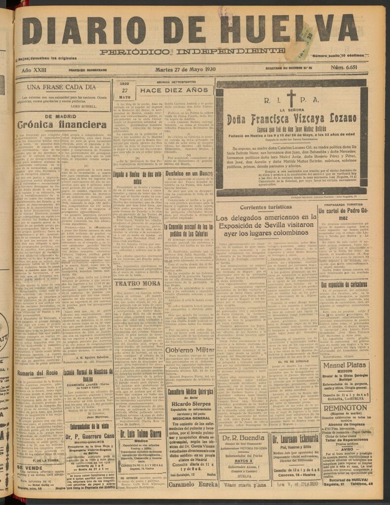 Miniatura de Diario de Huelva : periódico independiente del 27 de mayo de 1930