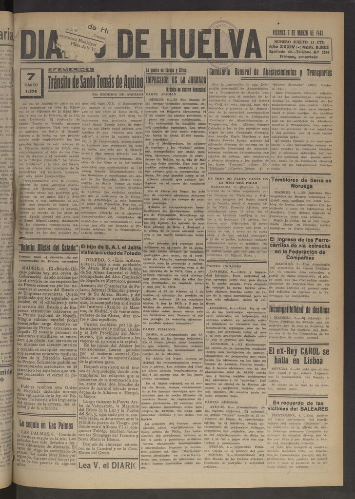 Miniatura de Diario de Huelva : periódico independiente del 7 de marzo de 1941