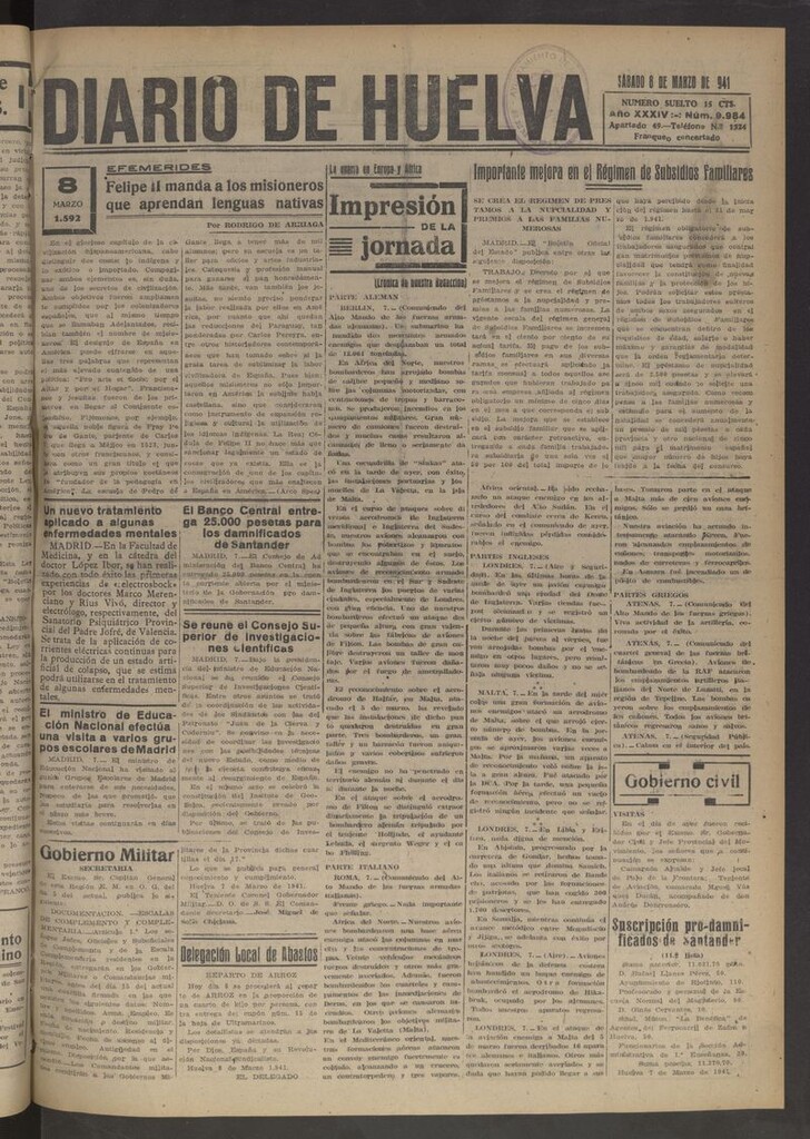 Miniatura de Diario de Huelva : periódico independiente del 8 de marzo de 1941