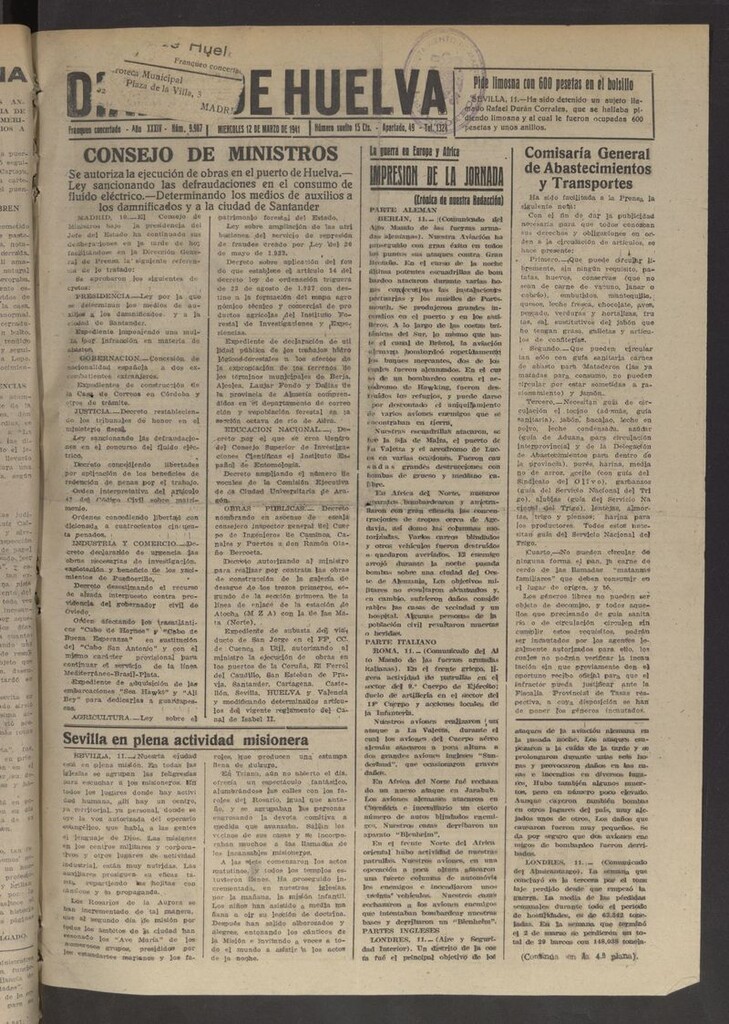 Miniatura de Diario de Huelva : periódico independiente del 12 de marzo de 1941