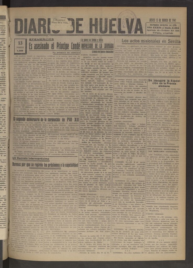 Miniatura de Diario de Huelva : periódico independiente del 13 de marzo de 1941