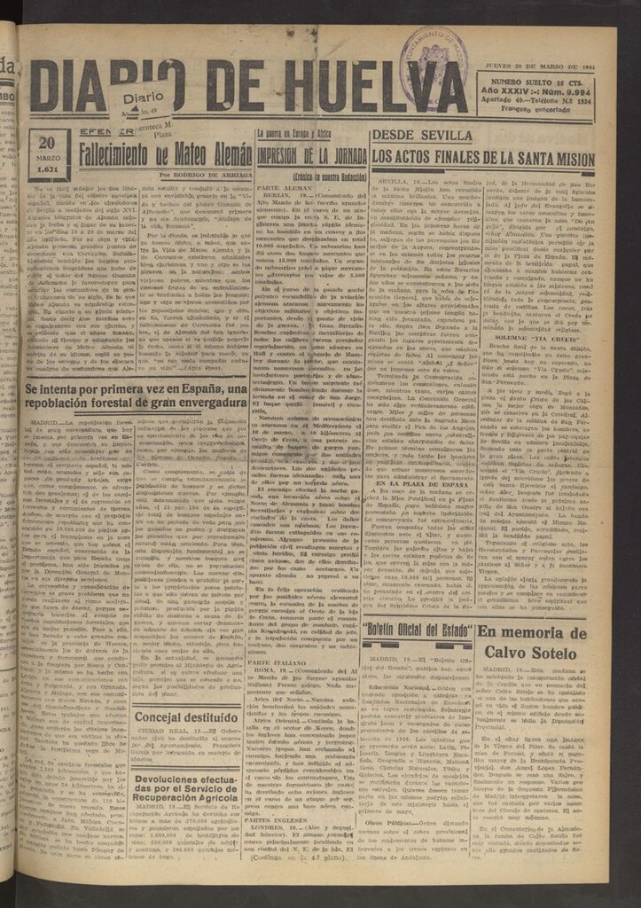 Miniatura de Diario de Huelva : periódico independiente del 20 de marzo de 1941