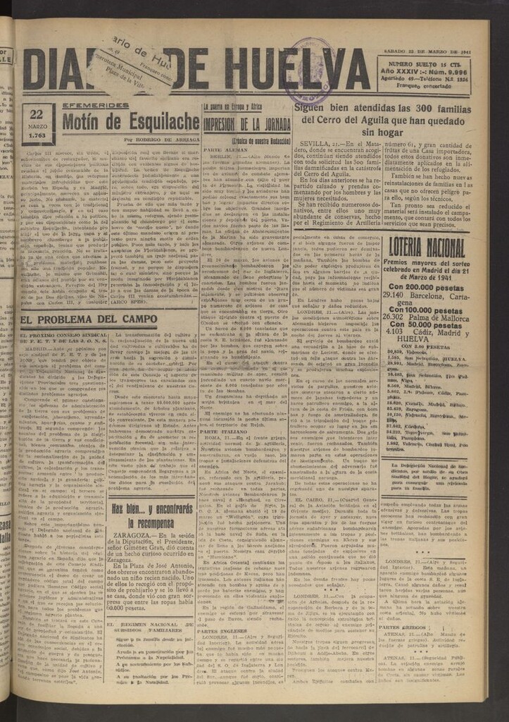 Miniatura de Diario de Huelva : periódico independiente del 22 de marzo de 1941