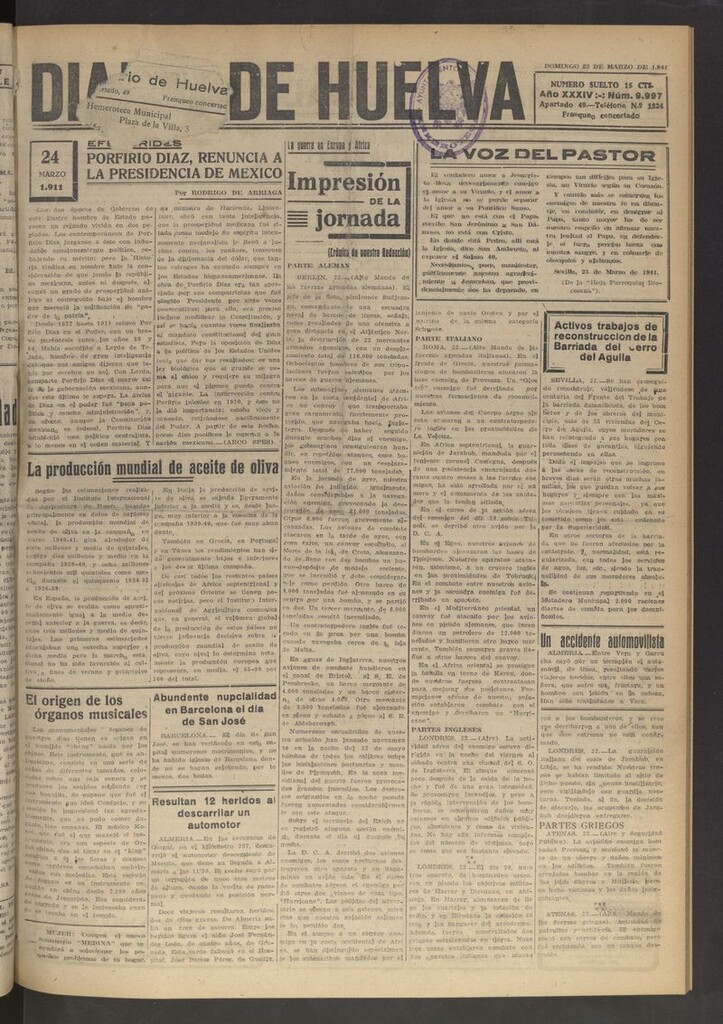 Miniatura de Diario de Huelva : periódico independiente del 23 de marzo de 1941