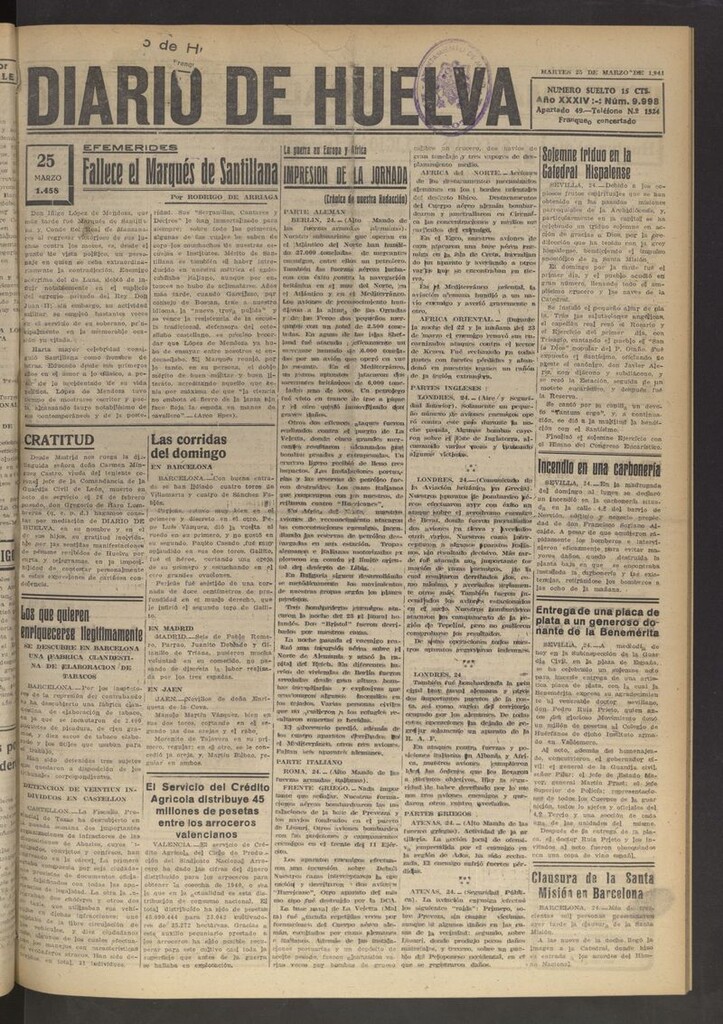 Miniatura de Diario de Huelva : periódico independiente del 25 de marzo de 1941