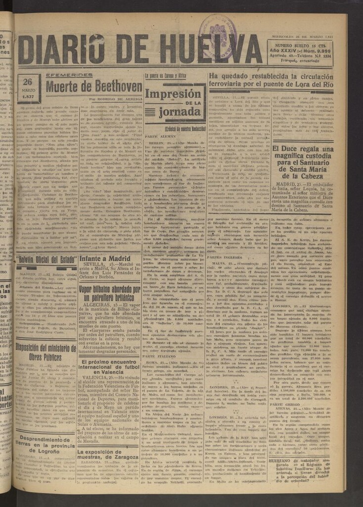 Miniatura de Diario de Huelva : periódico independiente del 26 de marzo de 1941
