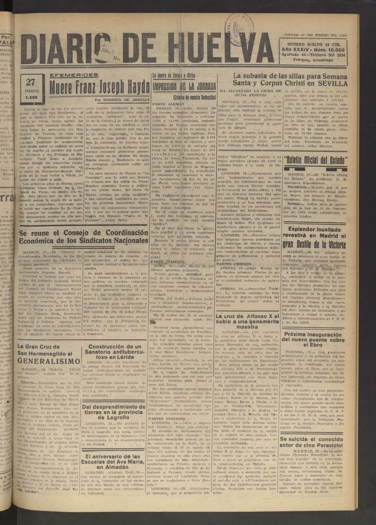Miniatura de Diario de Huelva : periódico independiente del 27 de marzo de 1941