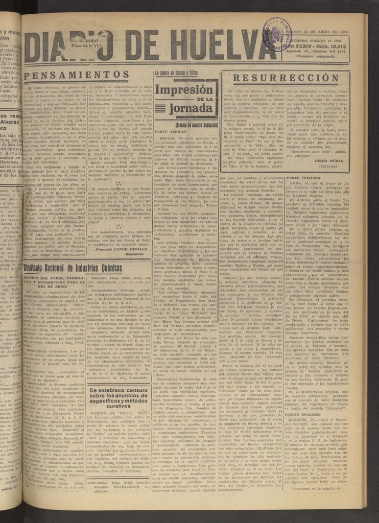 Miniatura de Diario de Huelva : periódico independiente del 12 de abril de 1941