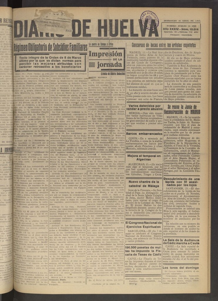 Miniatura de Diario de Huelva : periódico independiente del 16 de abril de 1941