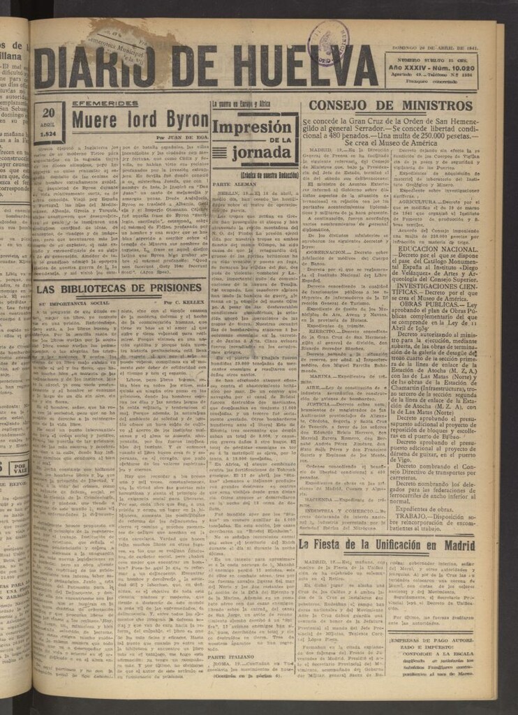 Miniatura de Diario de Huelva : periódico independiente del 20 de abril de 1941