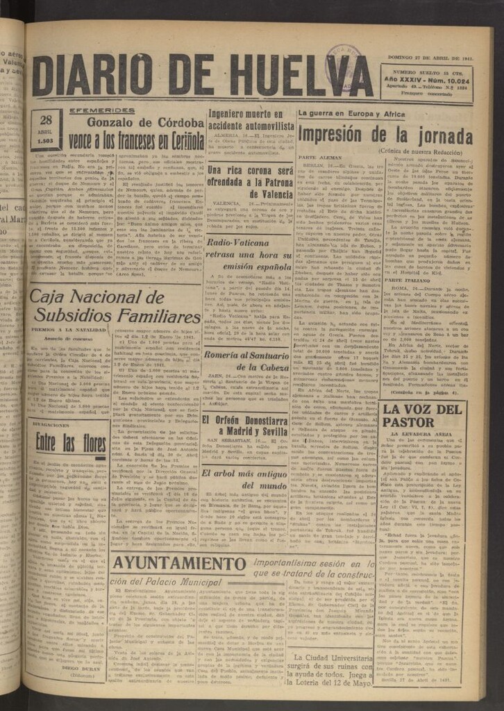 Miniatura de Diario de Huelva : periódico independiente del 27 de abril de 1941