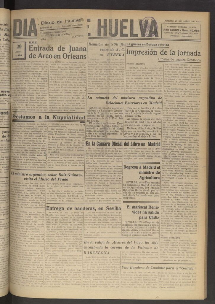 Miniatura de Diario de Huelva : periódico independiente del 29 de abril de 1941