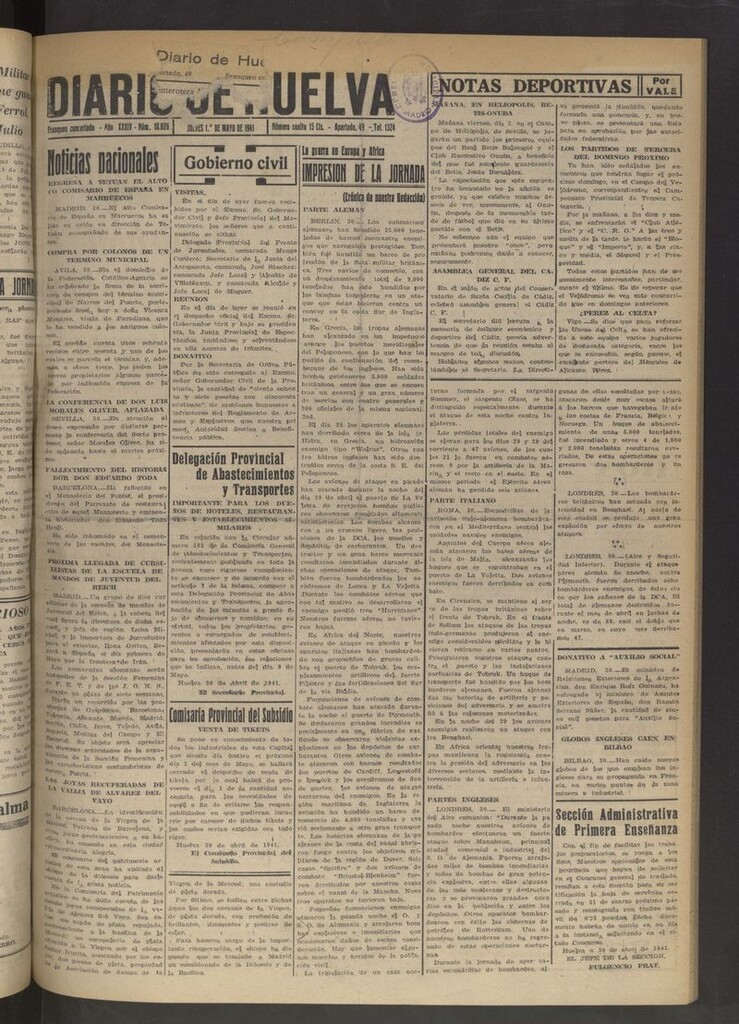 Miniatura de Diario de Huelva : periódico independiente del 1 de mayo de 1941