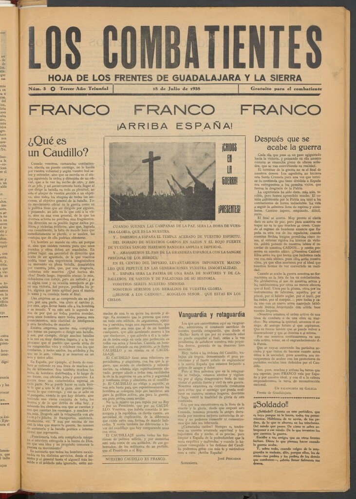 Miniatura de Los combatientes : hoja de los frentes de Guadalajara y la sierra del 18 de julio de 1938