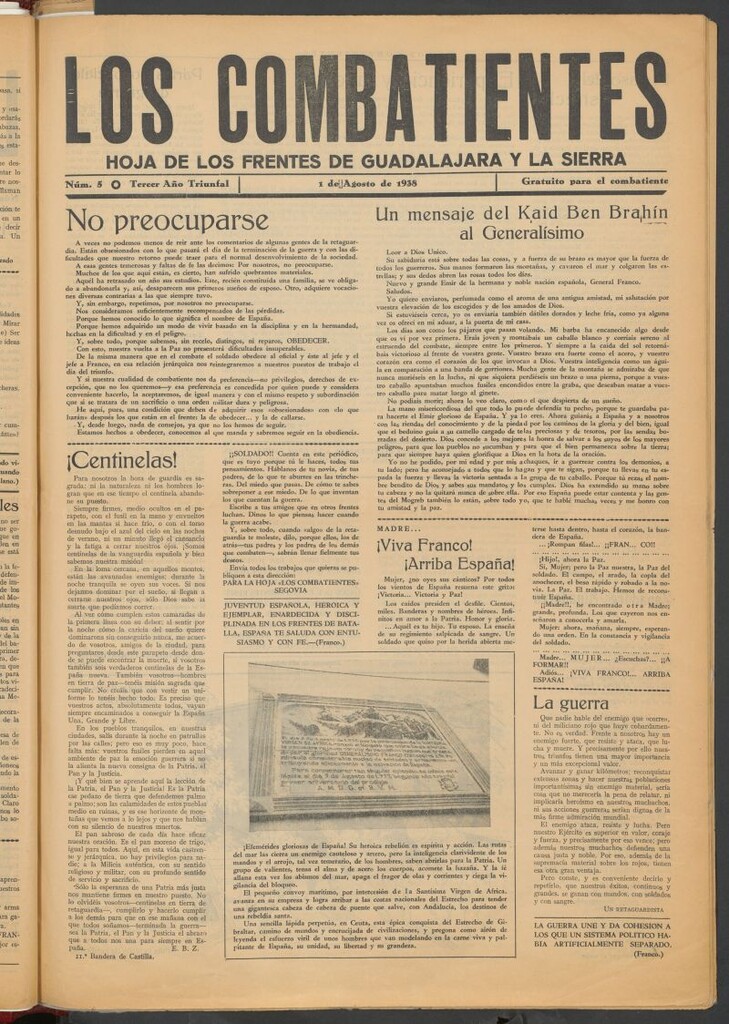 Miniatura de Los combatientes : hoja de los frentes de Guadalajara y la sierra del 1 de agosto de 1938