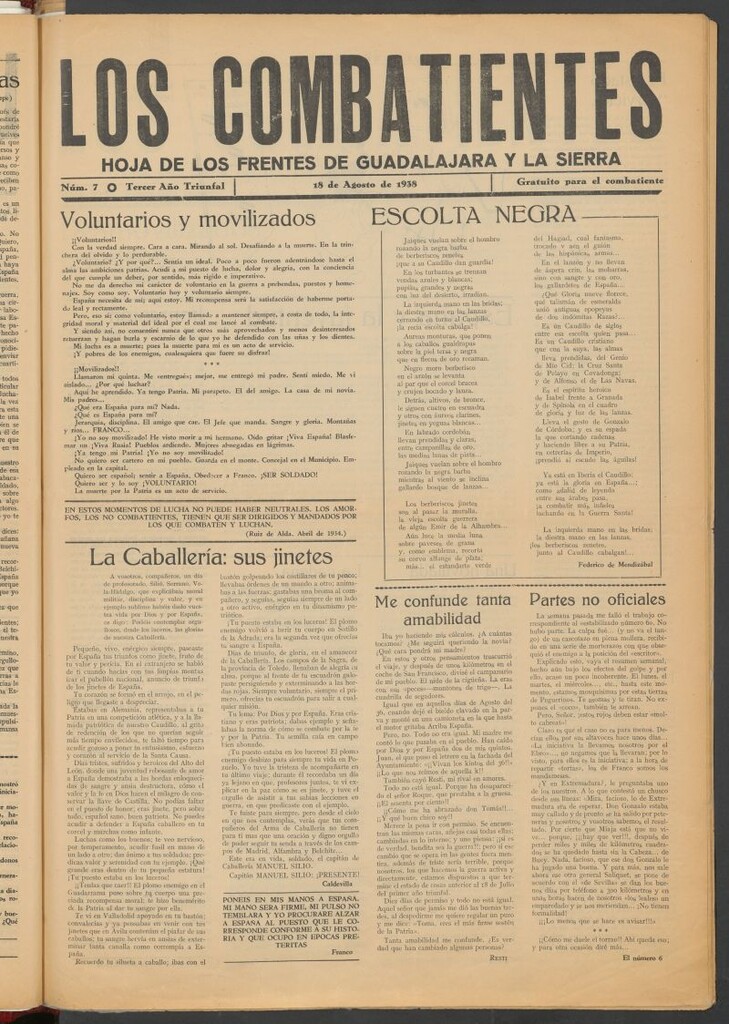Miniatura de Los combatientes : hoja de los frentes de Guadalajara y la sierra del 18 de agosto de 1938