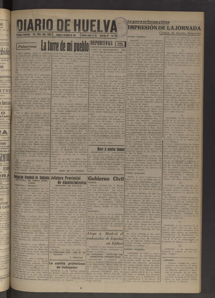 Miniatura de Diario de Huelva : periódico independiente del 9 de mayo de 1941