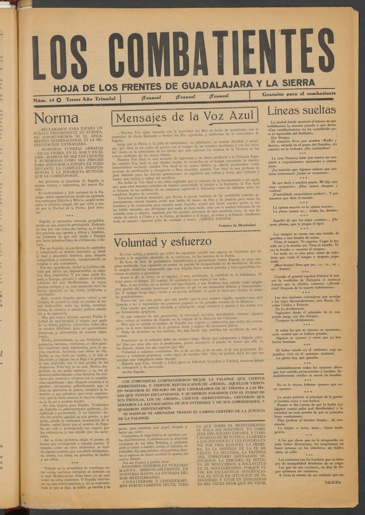 Miniatura de Los combatientes : hoja de los frentes de Guadalajara y la sierra. Nº 14
