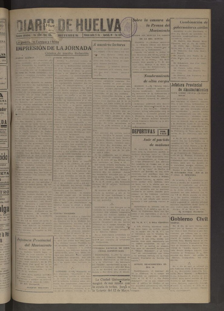 Miniatura de Diario de Huelva : periódico independiente del 10 de mayo de 1941