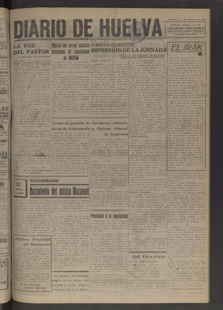 Miniatura de Diario de Huelva : periódico independiente del 11 de mayo de 1941