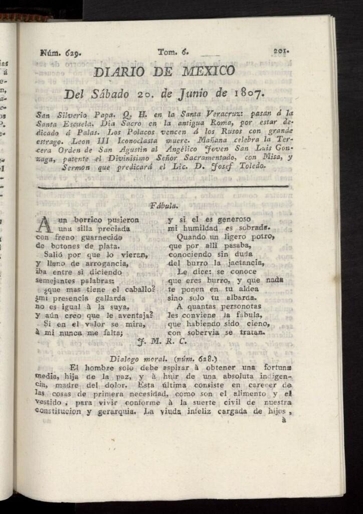 Miniatura de Diario de México del 20 de junio de 1807, nº 629