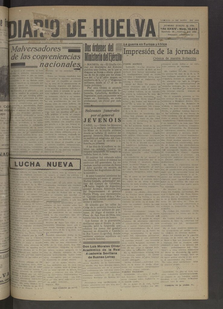Miniatura de Diario de Huelva : periódico independiente del 15 de mayo de 1941