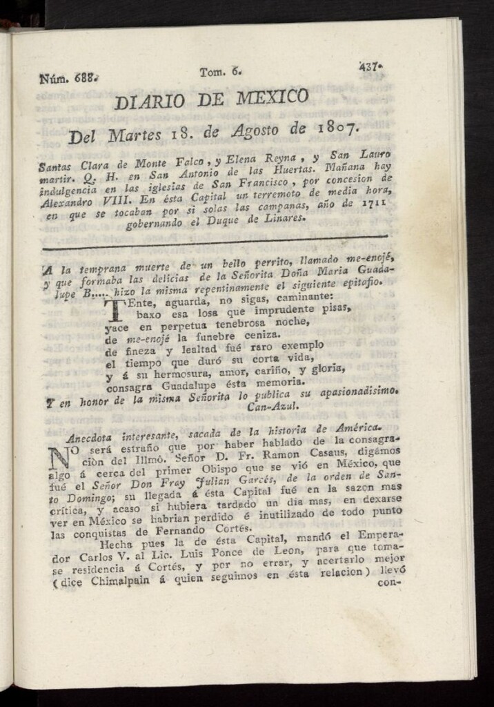 Miniatura de Diario de México del 18 de agosto de 1807, nº 688