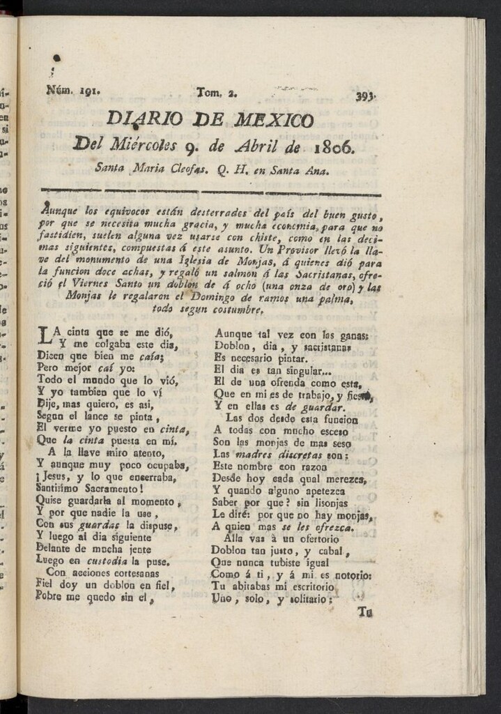 Miniatura de Diario de México del 9 de abril de 1806, nº 191