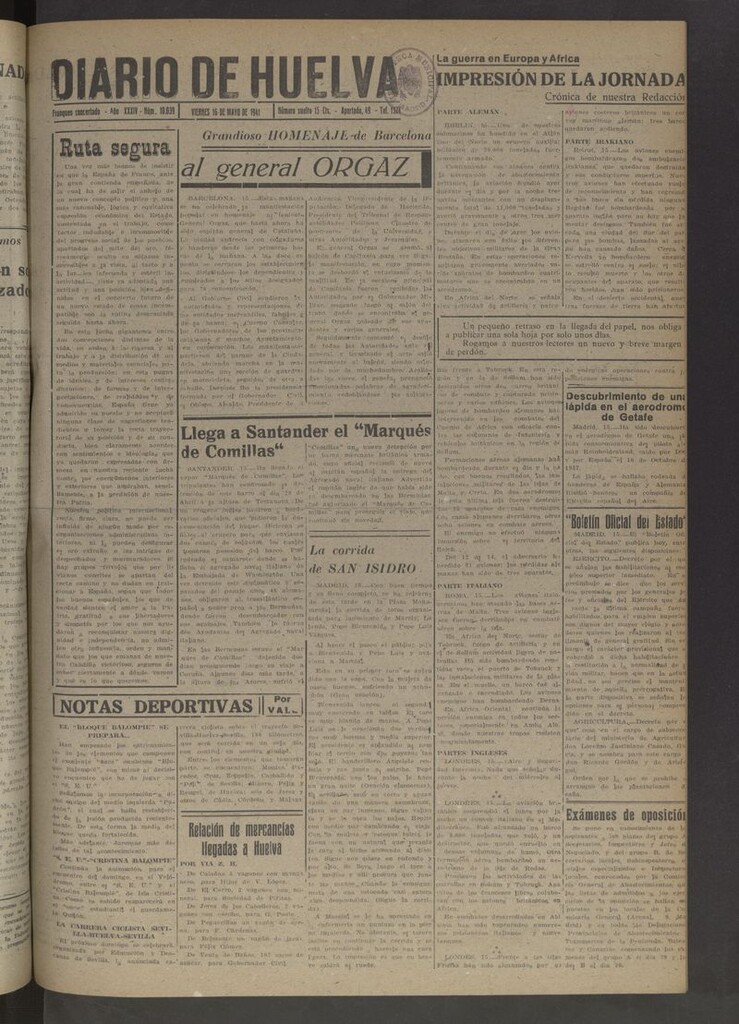 Miniatura de Diario de Huelva : periódico independiente del 16 de mayo de 1941