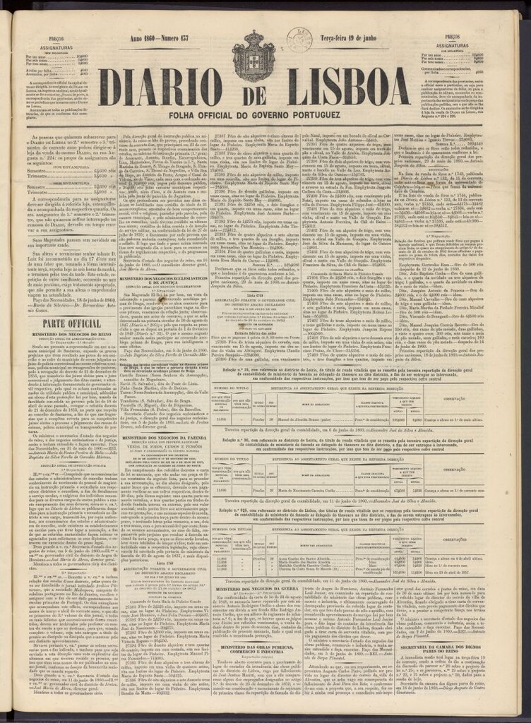 Miniatura de Diário de Lisboa : folha official do goberno portugues del 19 de junio de 1860, nº 137
