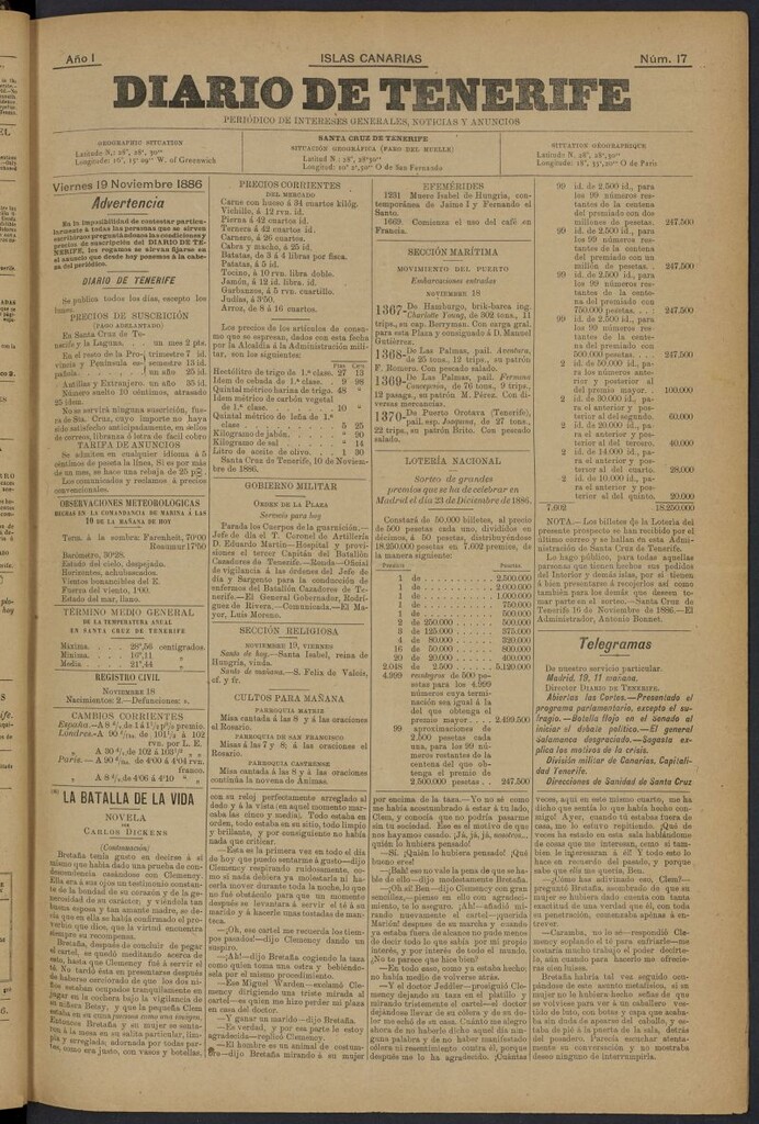 Miniatura de Diario de Tenerife del 19 de noviembre de 1886, nº 17