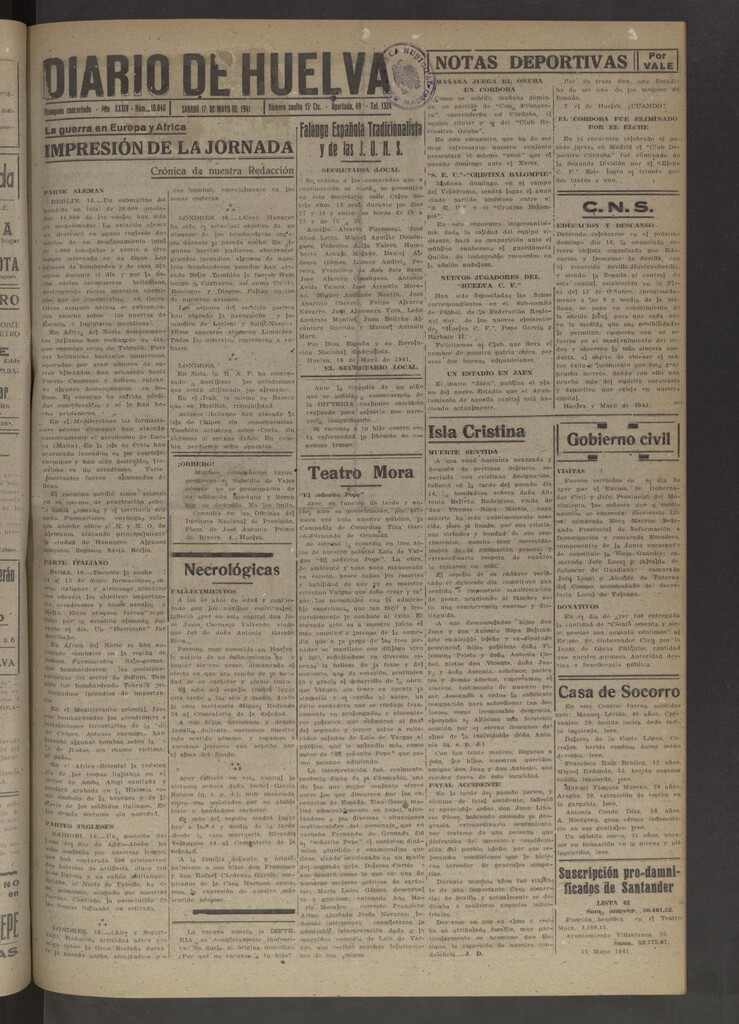 Miniatura de Diario de Huelva : periódico independiente del 17 de mayo de 1941