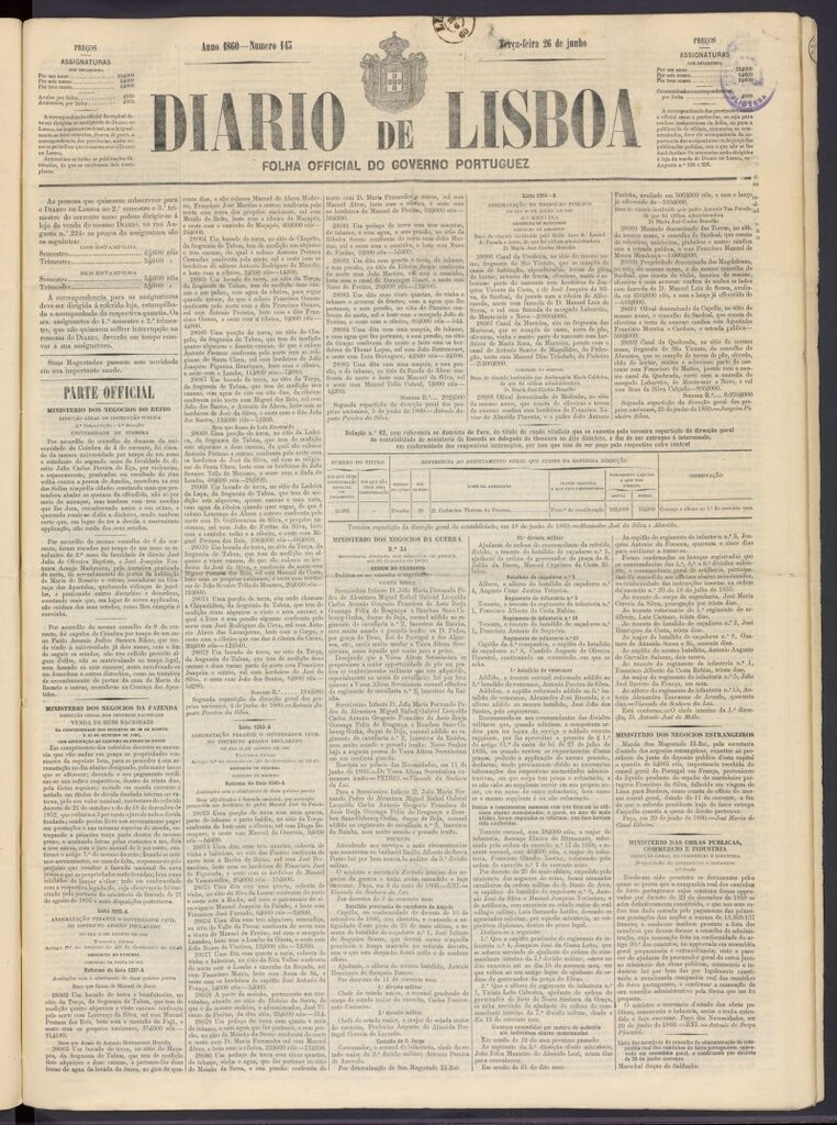 Miniatura de Diário de Lisboa : folha official do goberno portugues del 26 de junio de 1860, nº 143