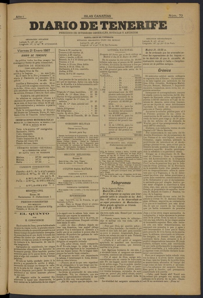 Miniatura de Diario de Tenerife del 21 de enero de 1887, nº 70