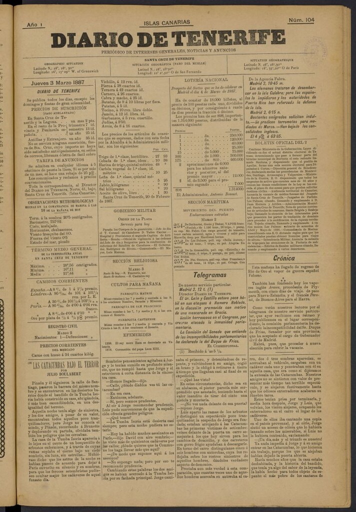 Miniatura de Diario de Tenerife del 3 de marzo de 1887, nº 104