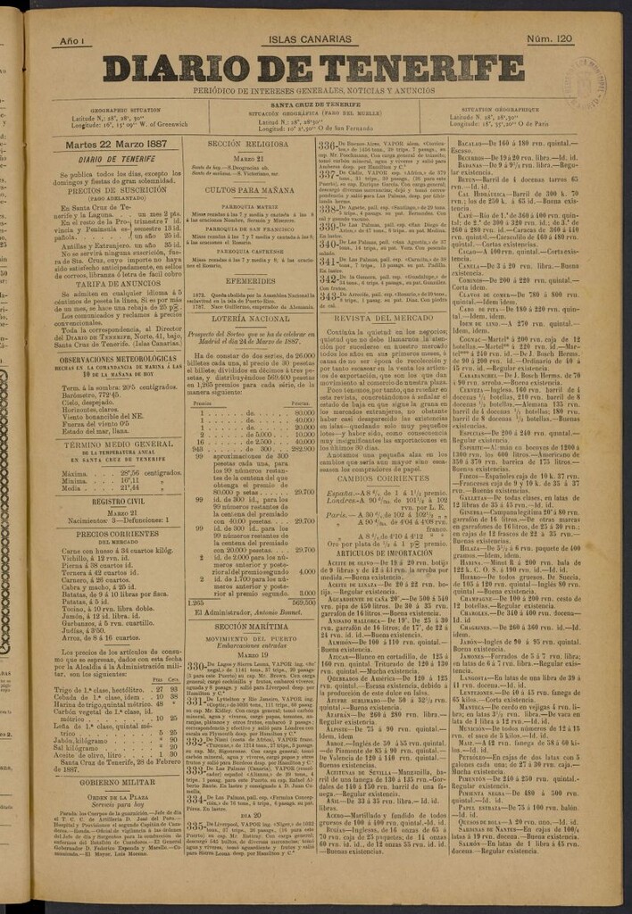 Miniatura de Diario de Tenerife del 22 de marzo de 1887, nº 120