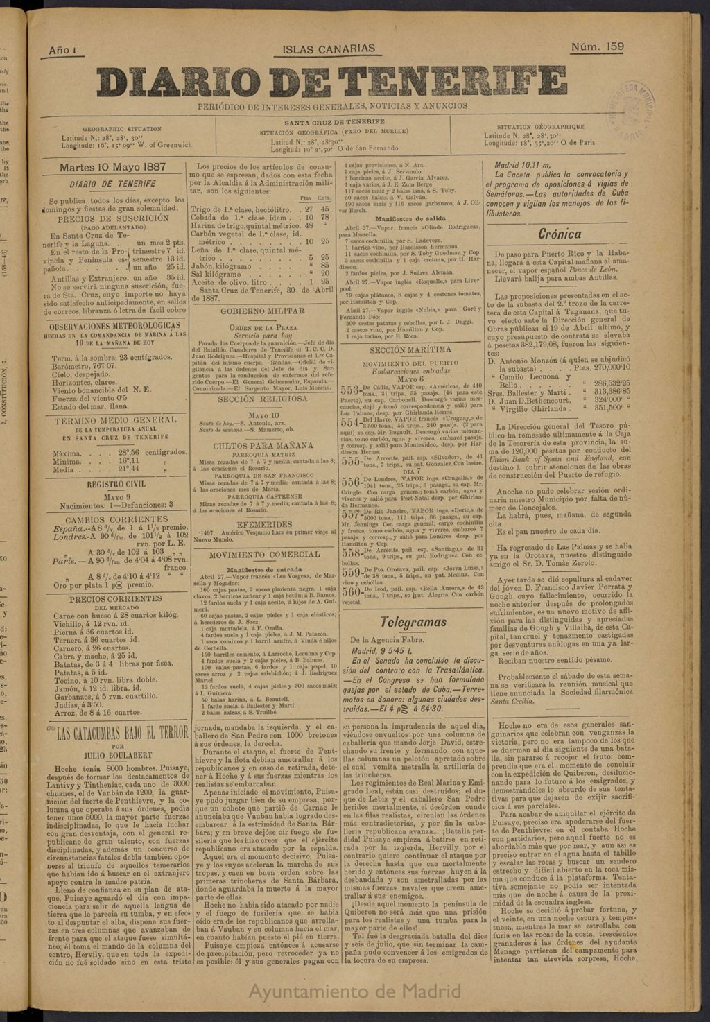 Miniatura de Diario de Tenerife del 10 de mayo de 1887, nº 159